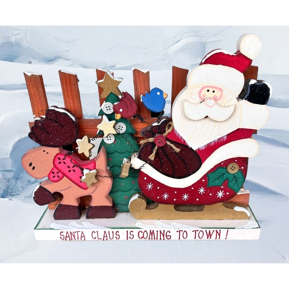 VTG Handmade Wooden Santa Coming to Town Figurine  Christmas Tabletop Ra…